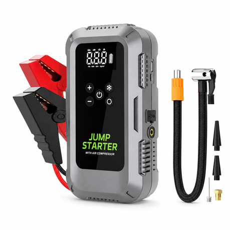 4 in 1 Jump Starter with Air Compressor Portable car jump starter, tyre inflator, power bank and LED emergency light for 12V vehicles.