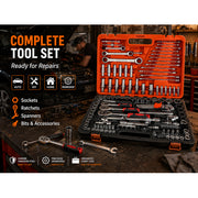 Professional Mechanics Socket, Ratchet & Spanner Tool Set - Chrome Vanadium - Orange & Black Carry Case-151 pcs