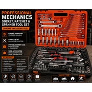 Professional Mechanics Socket, Ratchet & Spanner Tool Set - Chrome Vanadium - Orange & Black Carry Case-151 pcs